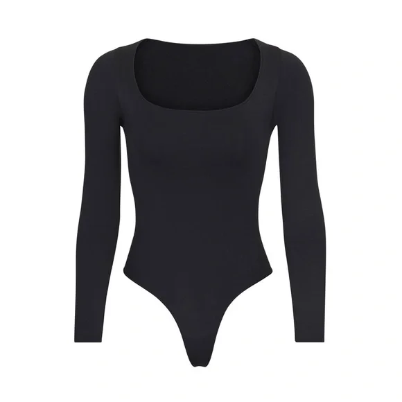 New Skims Essential Scoop Neck Long Sleeve Black Thong Bodysuit - Picture 5 of 10